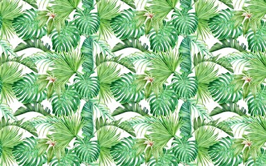 green tropical leaves, banana and palm leaf, colorful, modern wallpaper, watercolor effect, minimal design, trend mural art