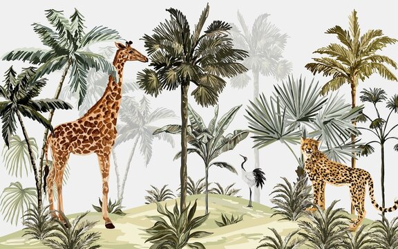 tropical jungle wallpaper design, giraffe, bird and leopard, hand drawing effect, wallpaper for kids room, interior design, mural art.