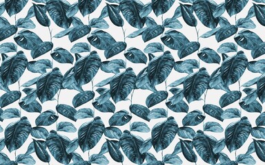 Watercolor texture plants wallpaper design, seamless pattern, blue leaf, mural art.