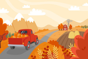 Autumn countryside landscape with a red car with pumpkins on the road. Farm, field with haystacks, trees and mountains. Fall background. Flat style vector illustration. © Darya