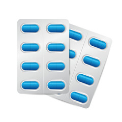 Blue pills in blister packaging isolated on white background