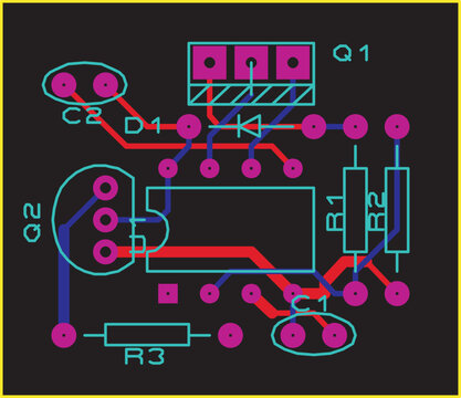Tracing the conductors of a multilayer printed circuit board.
Vector drawing of printed tracks, transition holes,
contact pads and copper metallization areas.
Electronic circuit board with components
