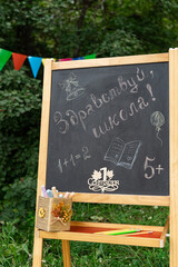 Back to school time. Greeting for russian Day of Knowledge. Blackboard chalk handwriting, translated Welcome to school. Hello, school. Batch of chulk. Selective focus.