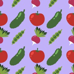 Autumn harvest cartoon seamless tomatoes and cucumber and radish and peas pattern for wrapping paper