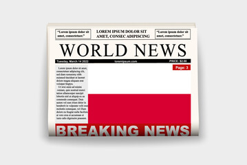 Poland country newspaper with flag, breaking news on newsletter, news concept, gazette page with headline