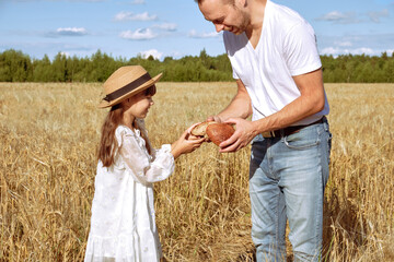 Naklejka na ściany i meble Young man breaks off an appetizing piece of bread for his little daughter in a white dress in a rye field sunny day