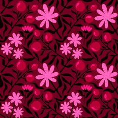 Fototapeta na wymiar Floral spring summer seamless flower and berries pattern for wrapping paper and accessories and kids