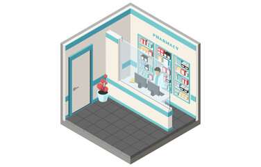 Concept Of Healthcare And Medicine. Modern Pharmacy Interior With Pharmasist Employee At The Counter. Character Sales Medicine And Vitamins To The Patients. Isometric 3d Cartoon Vector Illustration