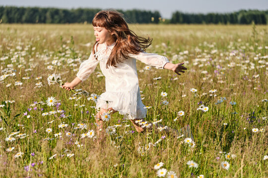 Little smiling girl in a white dress on a chamomile field on a bright sunny summer day