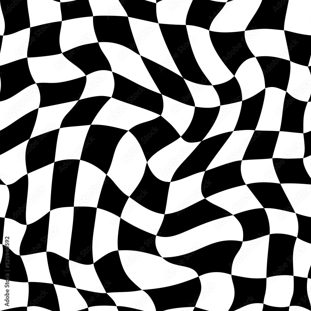 Leinwandbilder Black and White Distorted Checkered Background. Abstract Psychedelic Seamless Pattern with Waves. Vector Groovy Y2K Texture