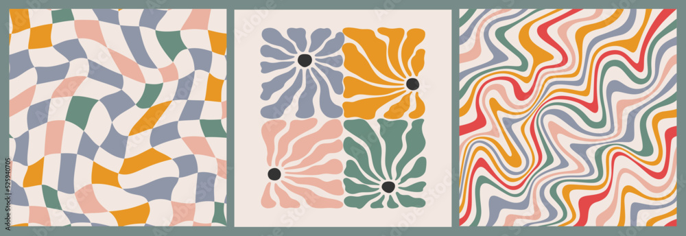 Poster Set of Seamless Pattern in Retro Style. Psychedelic Hippie Backgrounds