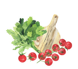 Parsley, a wooden cutting board and a branch of cherry tomatoes isolated on a white background. Watercolor drawing for the design and decoration of kitchen textiles and office.