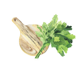 A green bunch of parsley and a cutting board isolated on a white background. Watercolor drawing for the design of kitchen textiles and office on the theme of food and seasonings.