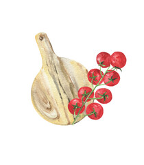 Juicy cherry tomatoes and a wooden cutting board isolated on a white background. Red bunch of tomatoes for kitchen design, botanical illustrations, dishes and recipes. Watercolor drawing.