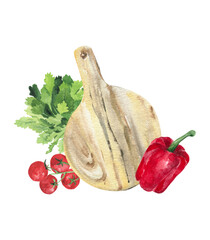 Parsley, pepper, a wooden cutting board and a branch of cherry tomatoes isolated on a white background. Watercolor drawing for the design of kitchen textiles and office.