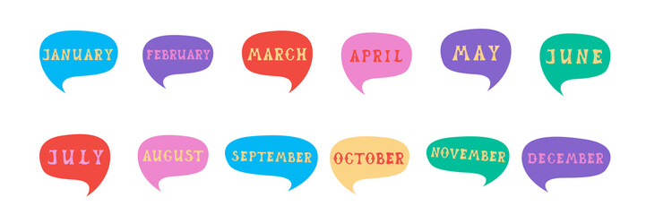 January, February, March, April, May, June, July, August, September. Month names ?omics speech bubble set with words made of letters in mexican style. Flat vector illustration