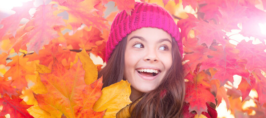 Naklejka na ściany i meble happy child at maple tree red branch. autumn nature. beautiful face portrait. Autumn fall child for poster design. Banner header, copy space.