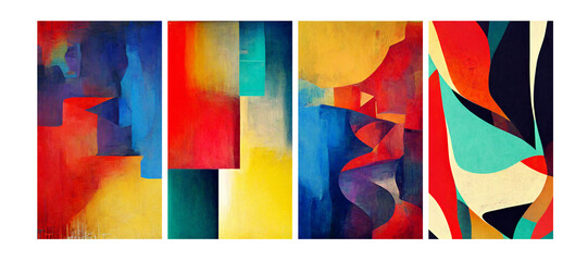 Four abstract wall art paintings in a beautiful vibrant musical rhythmic flow of primary and secondary colors printed on a retro / vintage paper stock, in portrait orientation. Art by Simon Fletcher