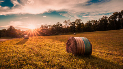 Hay bales in a field at sundown