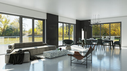Illustration 3D rendering large luxury modern bright interiors Living room mockup computer digitally generated image