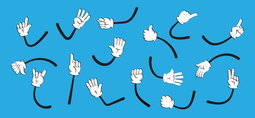 Vintage hands in gloves set vector. Cute animation feet in shoes. Funny character mascot body parts movement. Daisy hands gesture.