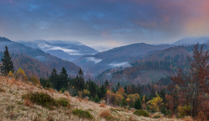 Cloudy and foggy early morning autumn mountains scene. Peaceful picturesque traveling, seasonal, nature and countryside beauty concept scene. Carpathian Mountains, Ukraine.