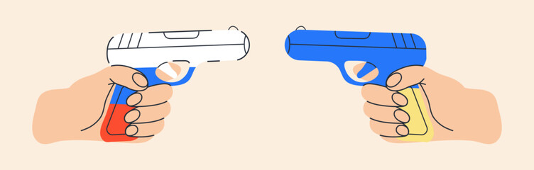 Hands hold guns in the symbol of the flag of Ukraine and Russia, VS.