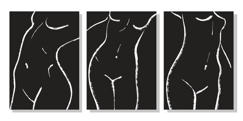 Trendy line art woman body prints set. Female Figure contemporary aesthetic poster. Modern Scandinavian Design. Naked Body Art. Minimalistic black lines drawing. Vector