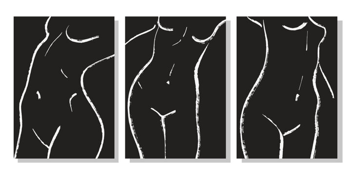 Trendy line art woman body prints set. Female Figure contemporary aesthetic poster. Modern Scandinavian Design. Naked Body Art. Minimalistic black lines drawing. Vector