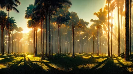 Foto op Aluminium Panorama of the palm forest at sunset, the sun's rays through the trees, fantasy forest, fog, palm jungle. 3D illustration. © MiaStendal