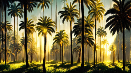 Panorama of the palm forest at sunset, the sun's rays through the trees, fantasy forest, fog, palm jungle. 3D illustration.