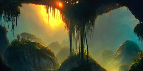 Fantasy neon forest, jungle at sunset. Mystical unreal forest. Beautiful neon landscape. 3D illustration.