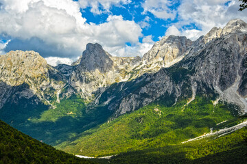 Fototapeta na wymiar Valbone, Albania. Beautiful mountain landscape. Desktop Wallpaper with Albanian alps