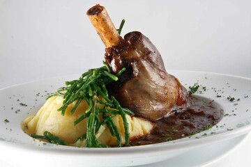 Lamb Shank, creamy mashed potatoes and samphire