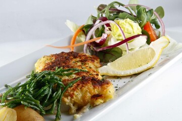 Grilled crumbed Hake, fresh salad and lemon