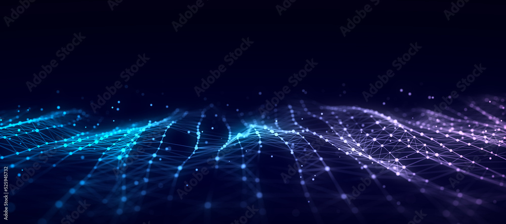 Fototapete Wave of particles and lines. Big data visualization. Abstract background with a dynamic wave. 3d rendering.
