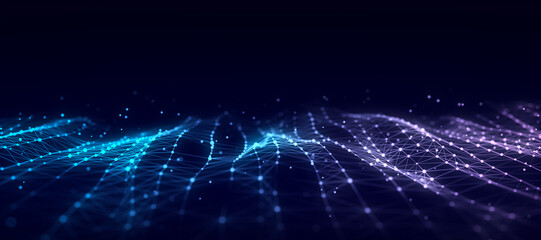 Wave of particles and lines. Big data visualization. Abstract background with a dynamic wave. 3d rendering.