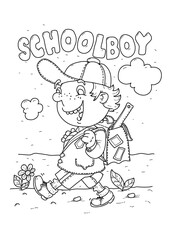 coloring page with smiling schoolboy walking with satchel 
