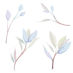 A set of twigs with leaves in watercolor style. Vector branches