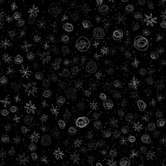 Hand Drawn Snowflakes Christmas Seamless Pattern. Subtle Flying Snow Flakes on chalk snowflakes Background. Attractive chalk handdrawn snow overlay. Pleasing holiday season decoration.