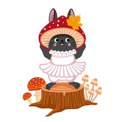 Fototapeta premium Cute bunny in fly agaric costume, standing on stump. Rabbit in red mushroom hat. Cartoon character. Vector flat illustration.