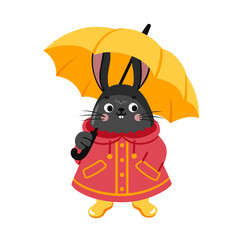 Rabbit in red raincoat holding yellow umbrella. Bunny cartoon character. Flat vector illustration.