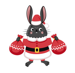 Cute rabbit in santa claus costume, holding gift bags. Bunny cartoon character. Flat vector illustration.