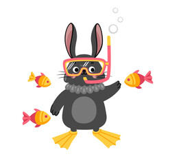 Rabbit under water with fish. Cute black bunny in fins and diving goggles. Vector flat illustration.