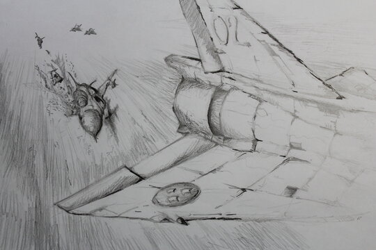 Jet plane dogfight in drawing.