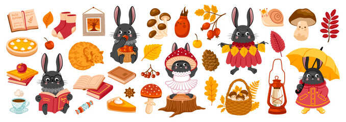 Bunny cartoon character and fall season design elements. Autumn collection. Mushroom, foliage, forest animal. Vector flat illustration. - obrazy, fototapety, plakaty