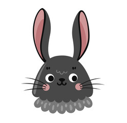 Black bunny portrait. Cute rabbit face, head. Hare cartoon character. Vector flat illustration.