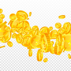 Indian rupee coins falling. Scattered gold INR