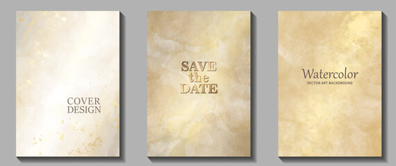 Gold watercolor vector old paper background set for cards, flyer, poster, banner and cover design. Hand drawn watercolour illustration for design. Place for text. Aged texture. Template for design.	
