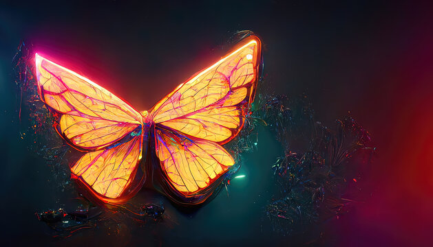 Abstract neon butterfly on a dark wall. 3D illustration.